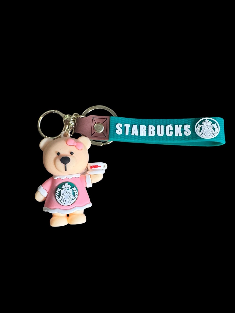 Starbucks Pink Bear Keychain with Teal Logo Strap
